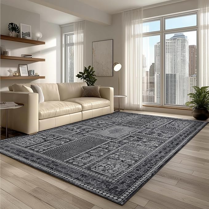 Washable Area Rugs 8x10, Large Rugs for Living Room, Carpet for Bedroom, Soft Faux Wool Retro Dining Room Rug, Non-Slip Backing Resistant Low Pile Vintage Print Rug for Home Office (Grey)