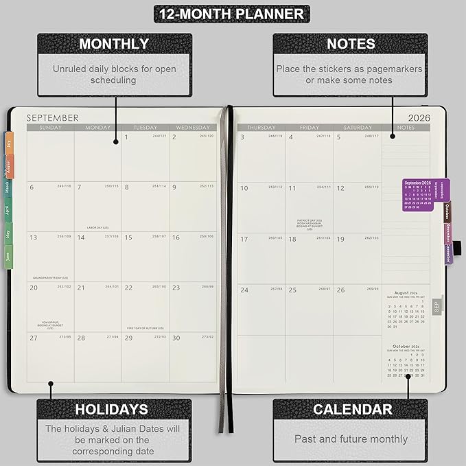 2026 Planner - JAN 2026 - DEC 2026, Planner Weekly and Monthly, Calendar Planner, 8.5" x 11", Leather Cover Planner with Thick Paper, Back Pocket with Notes Pages, Black