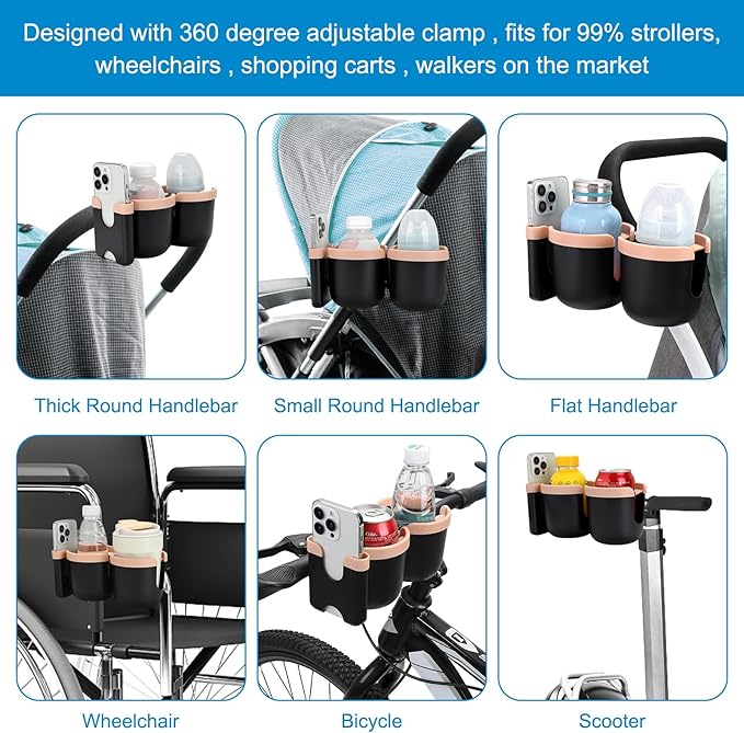 Accmor Stroller Cup Holder with Phone Holder, Bike Cup Holder, Universal Cup Holder for Uppababy Nuna Doona Strollers, 2-in-1 Cup Phone Holder for Stroller, Bike, Wheelchair, Walker, Scooter