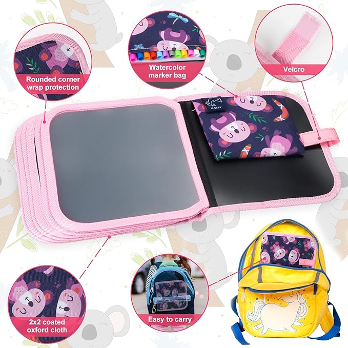 Erasable Doodle Set for Kids - Magic Drawing Book With 12 Watercolor Pens, 14 Page Reusable Writing Painting Set, Road Trip Car Game for Boys and Girls (Koala)