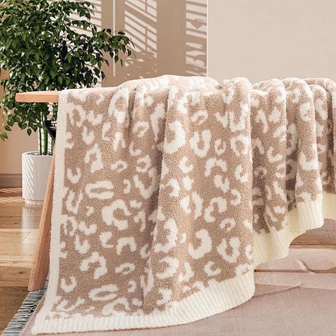 NEXHOME PRO Leopard Soft Blanket Twin Size, Fuzzy Throw Blanket for Couch Bed Sofa Picnic, Knit Blankets for Women Gifts Beige 60 x 80 inches