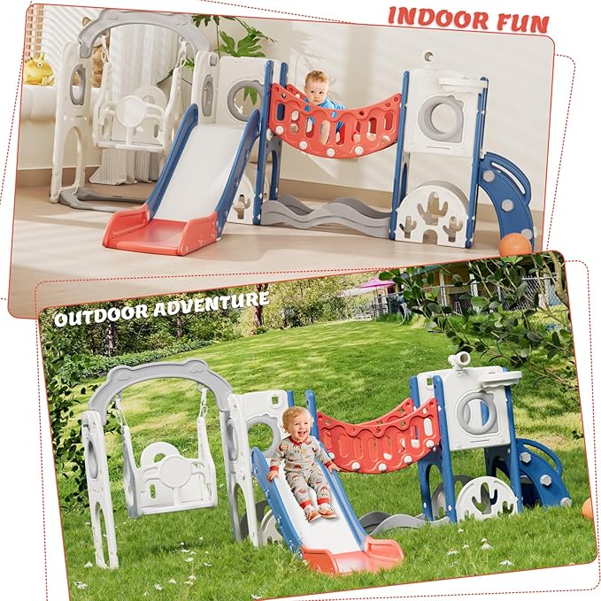 KORIMEFA 11 in 1 Toddler Slide and Swing Set, Kids Slide for Toddlers, Outdoor Indoor Playground for Toddlers 1-3, Toddler PlaySet with Basketball Hoop and Ball Golf Set, Climbing Arch(Red & Blue)