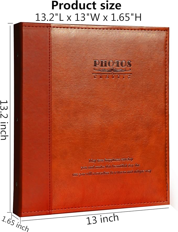 Magnetic Self-Stick Page Photo Album, Family Album, Leather Cover, Hand Made DIY Albums Holds 3x5, 4x6, 5x7, 6x8,8x10 Photos A52035 (Red Brown, Large)