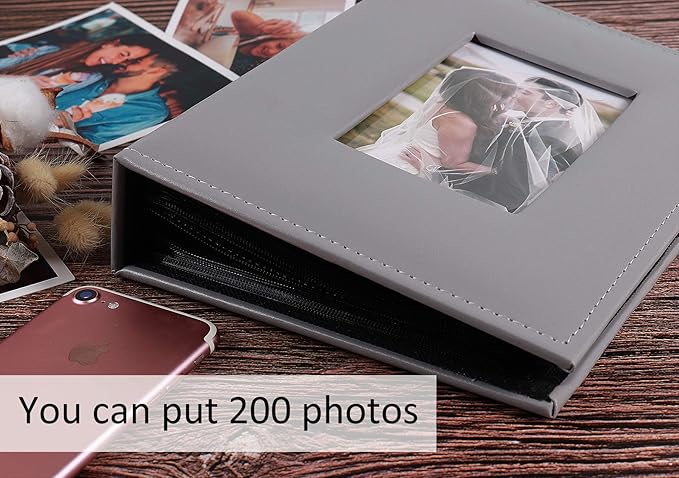 RECUTMS Photo Albums 4x6 Photos 200 Pocket Black Pages Album PU Leather Slip In Photo Picture Small Album For Family Anniversary Wedding Memo Slot Children Holiday Album（Grey）