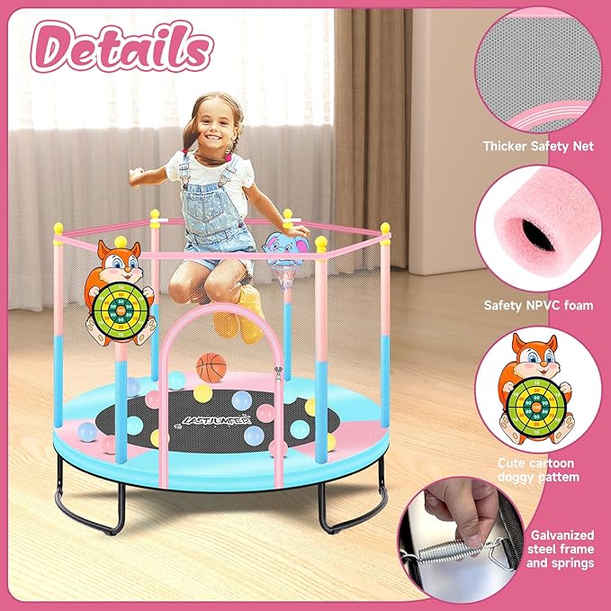 Pink Indoor Trampoline for Kids 2-5, 5ft Mini Indoor & Outdoor Small Toddler Trampoline with Net and Basketball Hoop