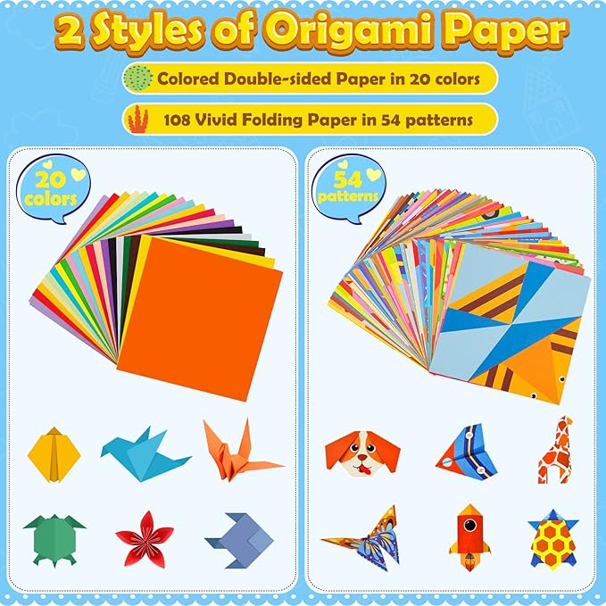 Aigybobo Origami Paper Set, 308PCS Kids Craft Paper Kit with Instructional Book for Girls Age 6,7,8,9,10,11,12, Art Projects Supplies for School Class Craft Lessons- Christmas Gifts for Boys&Girls