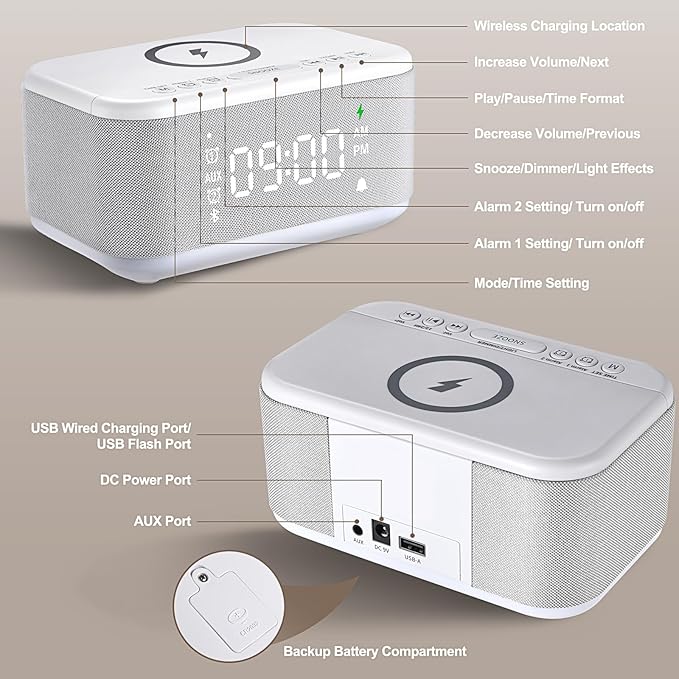 Alarm Clock Speaker Wireless Charger, Digital Alarm Clocks Bedrooms Bluetooth, Alarm Clock Dimmable Light Bedrooms Dual Alarm Snooze Dimmer 12 24H RGB Night Light Bluetooth USB AUX, White