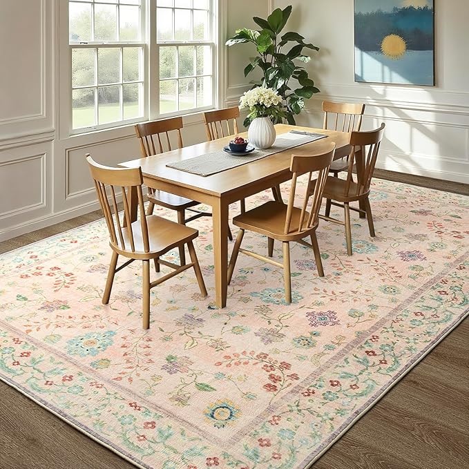 LOCHAS Washable Area Rugs 5x7, Pink Floral Rug for Living Room Bedroom Non Slip, Ultra Soft Vintage Indoor Carpet for Kids, Nursery, Dorm, Dining Room, Classroom, Boho Flower Home Decor, Low-Pile