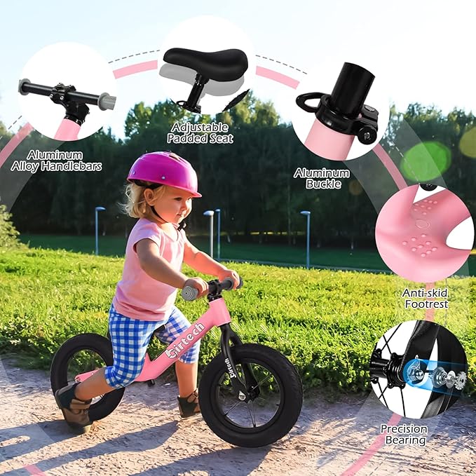 12" Balance Bike for 2, 3, 4, 5 Year Old Boys and Girls, Lightweight Nylon Frame Toddler Training Bike No Pedal Bikes for Kids with Adjustable Seat and Air Tires
