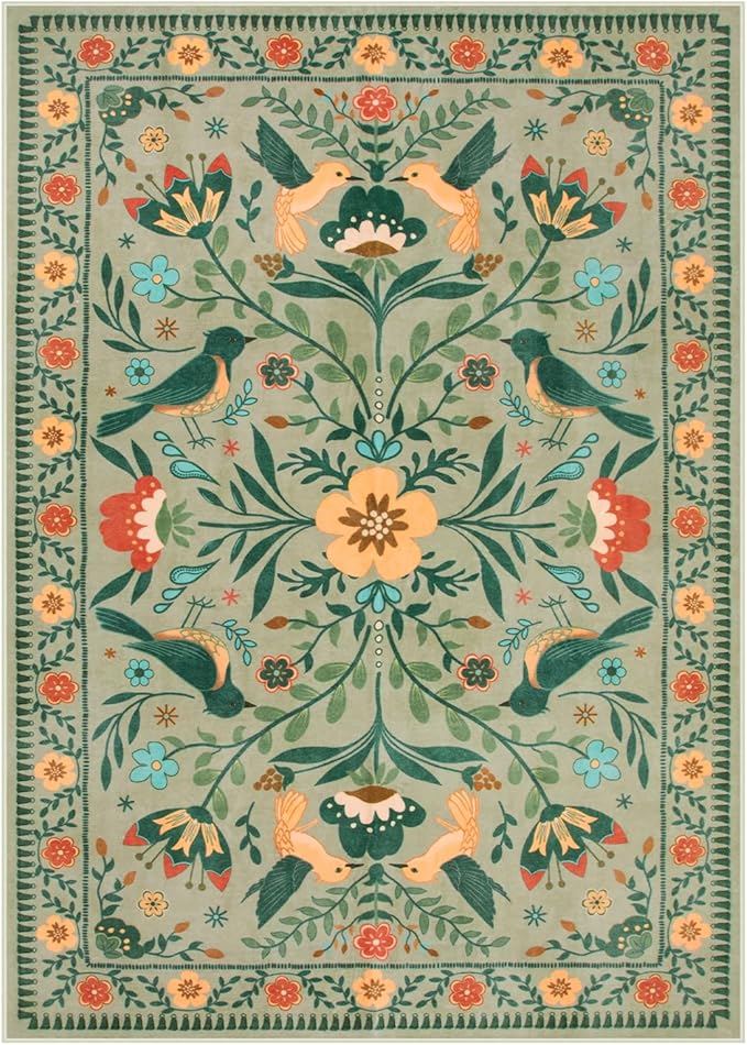 Moynesa Boho Area Rugs 5x7, Ultra Thin Soft Washable Rugs for Living Room Bedroom Non Slip, Stain Resistant, Indoor Bird Patterned Sage Green Large Carpet for Kitchen Entryway Office