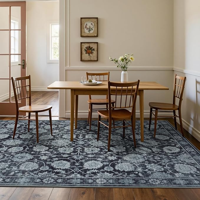 Area Rug 5x7 for Living Room & Bedroom, Large Washable Rugs, Soft & Non Slip, Vintage Carpet, Low Pile Wool Carpets for Indoor Under Table Dining Home Office Nursery Playroom, Black