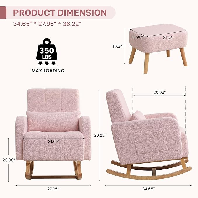 Rocking Chair with Ottoman, Upholstered Nursing Glider Rocker with High Backrest and Side Pocket, Comfy Reading Chair with Solid Wood Legs for Nursery/Living Room/Bedroom Pink