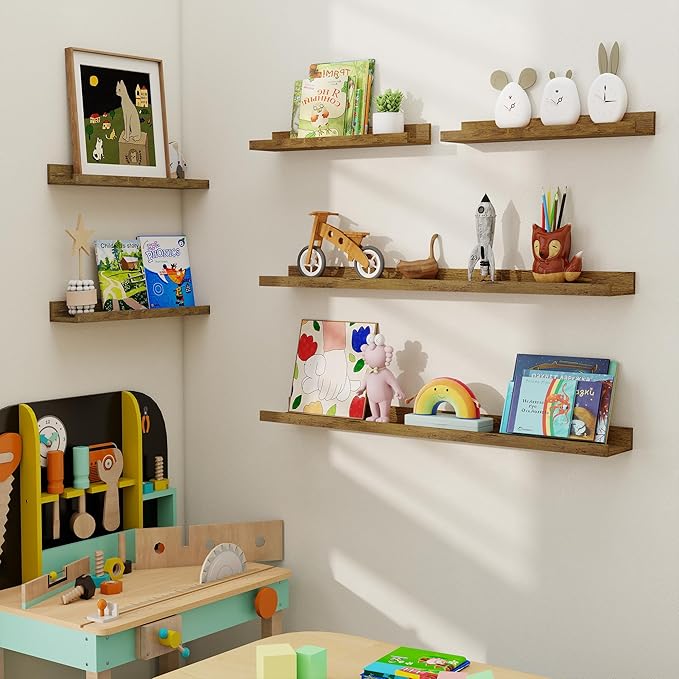 Axeman Picture Ledge Shelf, Floating Shelves for Wall Storage Set of 6, 48 inch Floating Wall Mounted Shelves, Wall Shelves with Lip for Living Room, Bedroom, Nursery, Bathroom, Kitchen, Rustic Brown