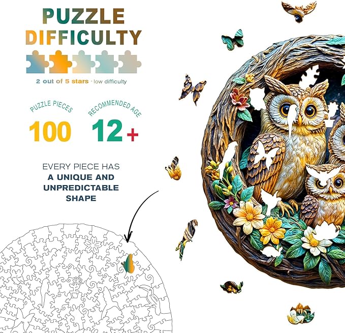 Wooden Puzzles for Adults - 3D Vision Effects Owl Family Wooden Jigsaw Puzzle - Unique Animal Shaped Wood Puzzles Adult - Creative Birthday Gift Family Game (100pcs)
