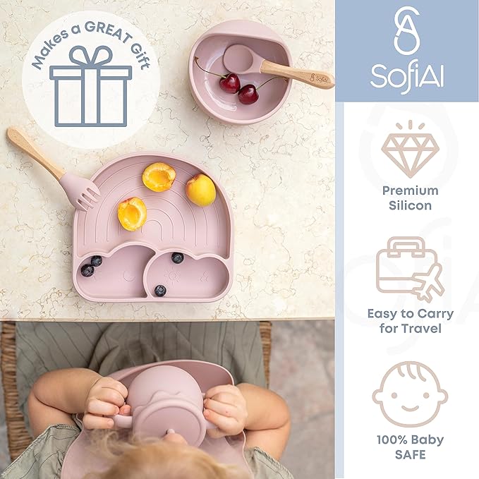 All In One Silicone Feeding Set - Safe for 6-12 Months - Non-Toxic Baby Led Weaning Supplies - Toddler Self Feeding Utensils - BPA-Free - Mess Free Essentials