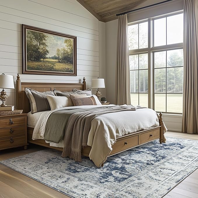 jinchan Washable Area Rug 8x10 for Living Room Soft Faux Wool Ultra-Thin Stain Resistant Non-Slip Distressed Vintage Floral Large Carpet for Bedroom,Dining Room,Home Office,Nursery(Dark Blue, 8'x10')