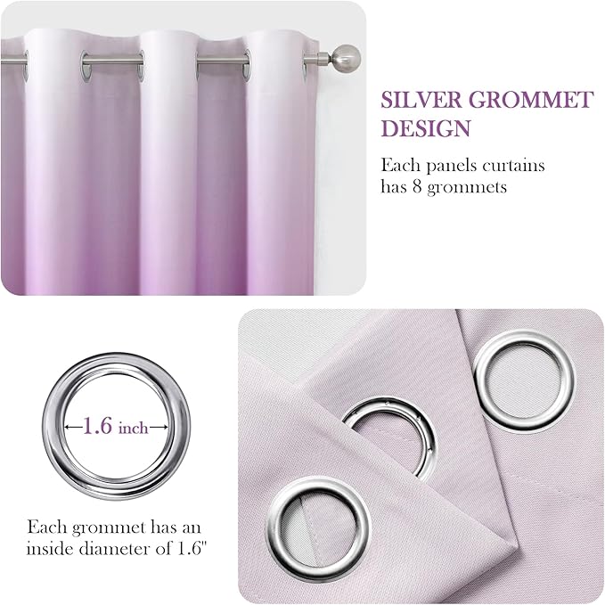 HOMEIDEAS Purple Ombre Blackout Curtains 52 X 84 Inch Length Gradient Room Darkening Thermal Insulated Energy Saving Grommet 2 Panels Window Drapes for Living Room, Bedroom