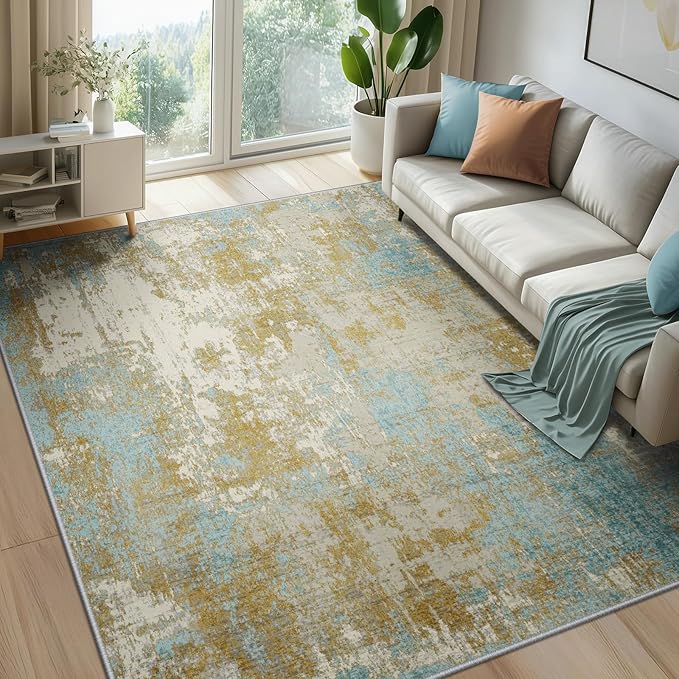 Washable Area Rugs 8'x10' Non-Slip Modern Abstract Soft for Living Room Entryway Bedroom Nursery, Print Pattern, Teal Blue Taupe