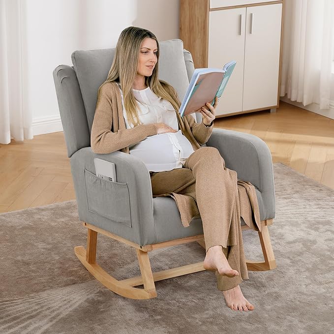 Rocking Chair Nursery, Upholstered Fabric Nursing Rocking Chairs with Lumbar Pillow, Modern Nursery Glider Rocker Morden Accent Rocking Chair for Mom Nursery, Living Room, Bedroom, Grey