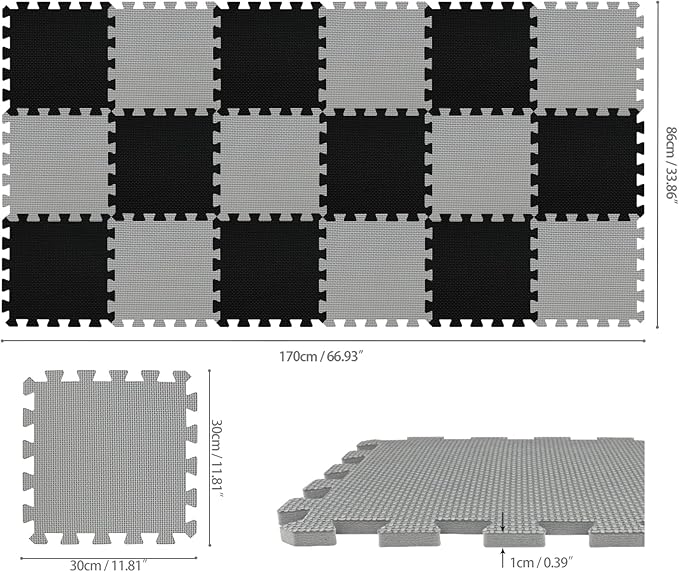 qqpp EVA Rubber 18 Tiles Interlocking Puzzle Foam Floor Mats - Baby Play Mat for Playing | Exercise Mat for Home Workout. Black, Gray. QC-DLb18N