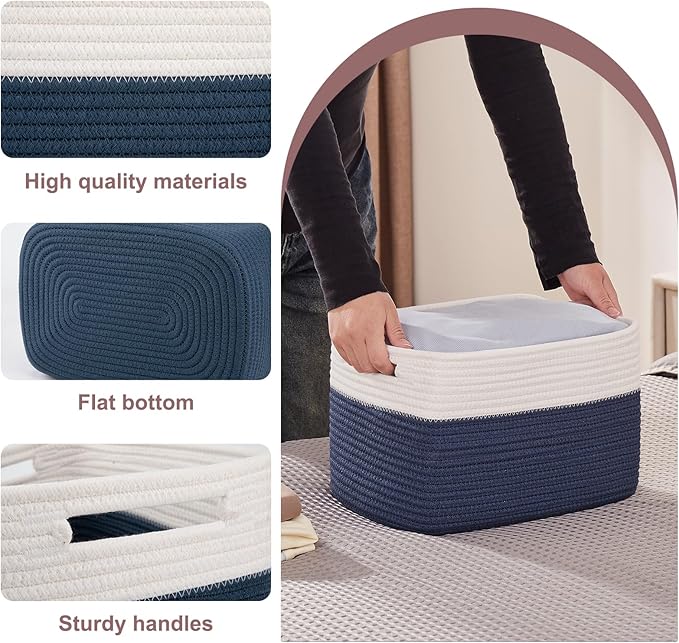 OIAHOMY 4 Pack Storage Baskets for Organizing, Basket for Shelves with Handle, Woven Baskets for Storage Toys, Towels, Books, Cotton Rope Basket 13" L x 9 " W x 7.8 " H, Blue & White