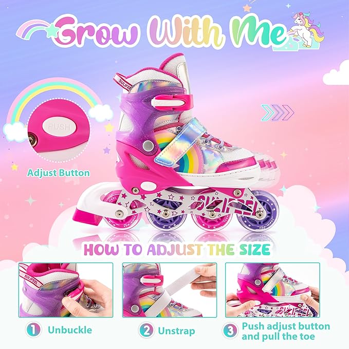 SULIFEEL Rainbow Unicorn Inline Skates for Girls Boys 4 Size Adjustable Light up Wheels Skates for Kids Beginner