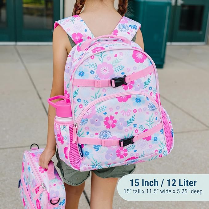 Wildkin ECO rPET 15-inch Kids Backpack – Sustainable, Padded, Adjustable – Pink Floral