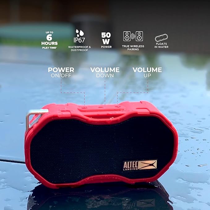Altec Lansing Baby Boom XL - Waterproof Bluetooth Speaker, Wireless & Portable Speaker for Travel & Outdoor Use, Deep Bass & Loud Sound, 1 Pack, Red