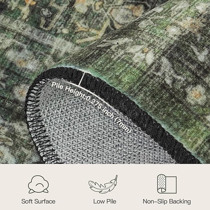 Lofus 6x9 Area Rug for Living Room,Green Washable Area Rugs with Non-Slip Backing,Soft Boho Carpets for Bedroom Dining Room Home Office Indoor Nursery