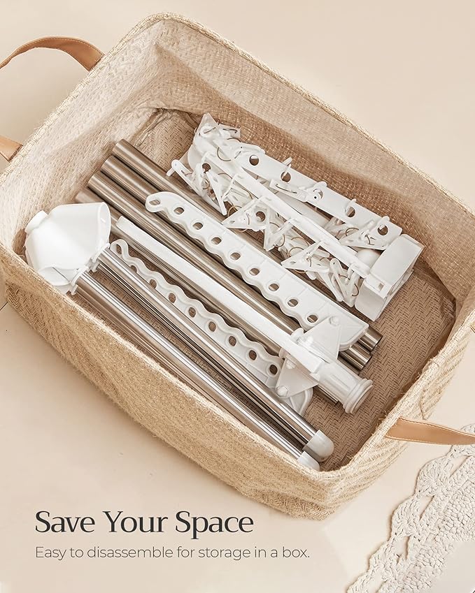 SONGMICS 2-Tier Clothes Drying Rack, 72-Inch Folding Laundry Drying Rack with 3 Rotatable Arms for Hangers, 24 Clips, Stainless Steel, for 27 Pieces of Clothes, White and Silver ULLR512W01