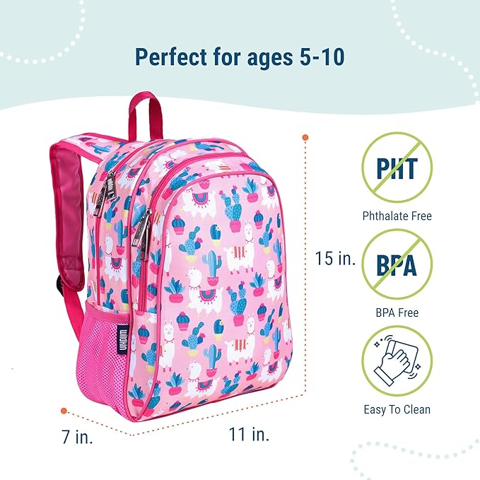 Wildkin 15-inch Kids Backpack – Durable, Padded, Adjustable for School & Travel - Llamas and Cactus