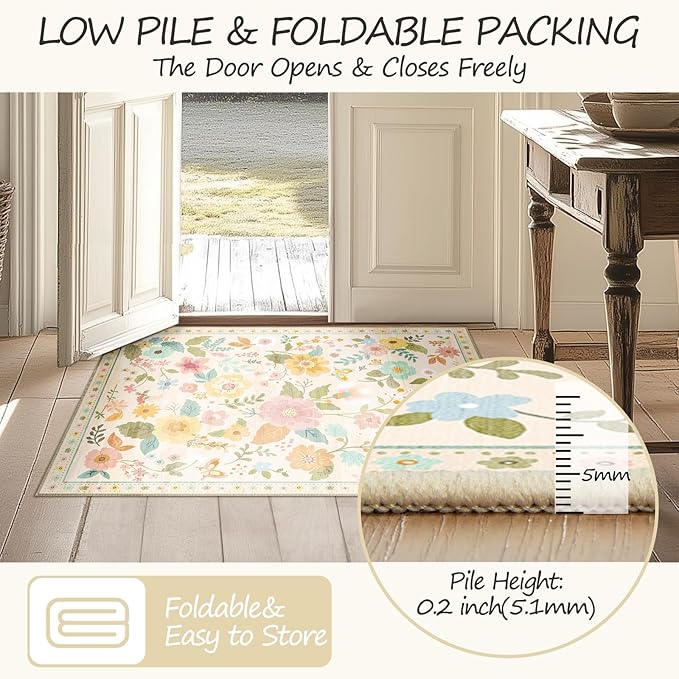 Floral 2x8 Area Rug Machine Washable Soft Print Boho Carpet Non Slip Doormat Low Pile Flower Area Rugs for Living Room Bedroom Nursery Kitchen Dining Room Indoor-Beige/White/Orange