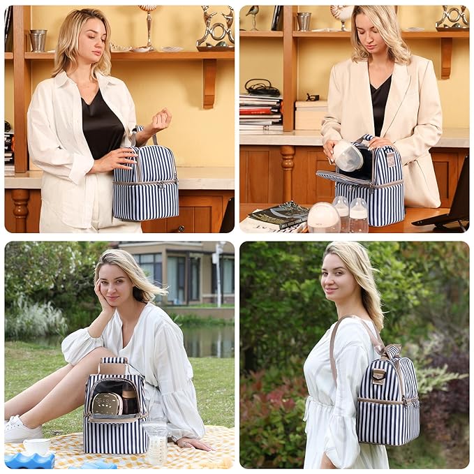 NCVI Breastmilk Cooler Bag with 2 Ice Pack, Breast Pump Bag with Cooler Fits 6 Bottles, Double Layer Breast Milk Baby Bottle Cooler Bag, for Travel, Nursing Mom Daycare, Work, Picnic (Stripe)