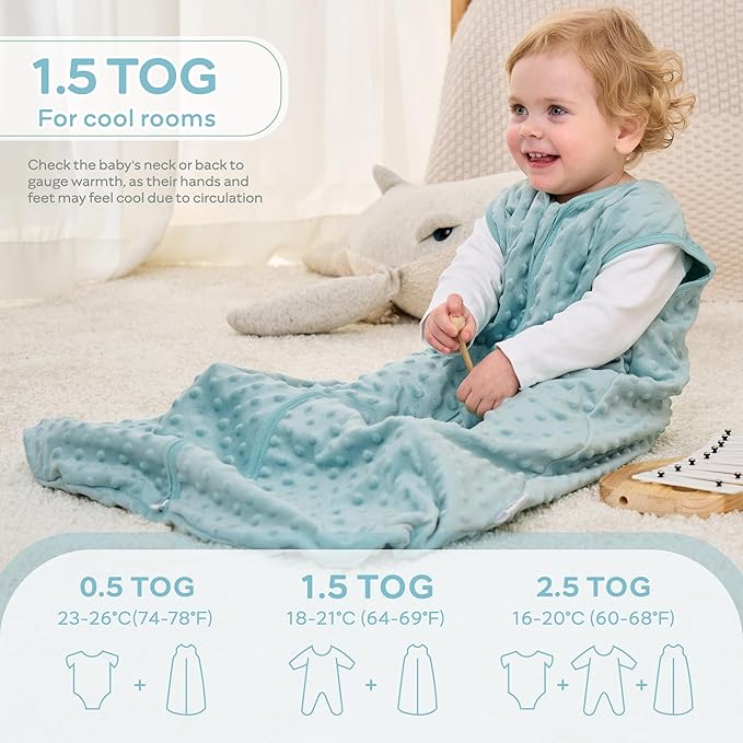 JELLYMONI Fleece Baby Sleep Sack 6-12 Months, 1.5 Tog Warm Winter Baby Wearable Blanket with Plush Dots and 2-Way Zipper, Cotton Toddler Sleep Sack