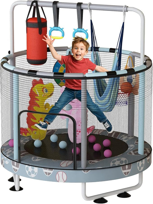 LAMERGE 55" 7-in-1 Round Trampoline for Kids Boys & Girls Ages 1-8, Indoor & Outdoor Trampoline for Fun, Adjustable Height Handrail ＆ Enclosed Safety Net ＆ Durable Designs for Toddlers Children