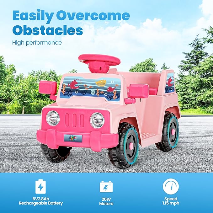 6V Toddler Ride On Car Interactive Electric Car with Horn LED Front Light Rear Storage Ocean Theme Perfect for Boys & Girls 18+ Months Safe Fun and Exciting for Little Explorers(Pink Ocean)