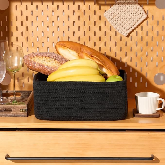 Small Storage Baskets for Organizing | Closet Organizer Bins | Shelf Toy Basket | Woven Rope Baskets | Cube Decorative Box | Shallow Basket | 13x8.5x5.1” | 4 Packs Black