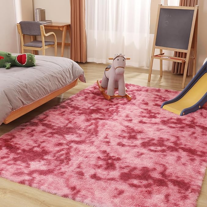 Luxury 4x6 Area Rug, Ultra Soft Rugs for Living Room, Plush Carpet Rugs for Bedroom, Non-Slip Indoor Rug for Nursery, Study Room, Playroom, Home Decor, Tie-Dyed Dark Pink