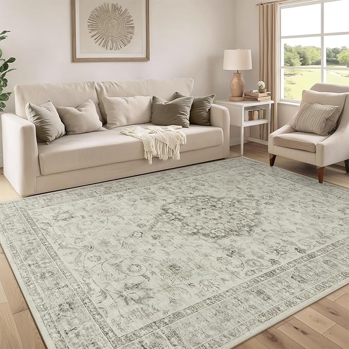 LIVEBOX Washable Area Rug 6x9 Rugs for Living Room Dining Room Under Table, Non-Slip Boho Indoor Carpet for Bedroom, Low-Pile Farmhouse Soft Carpets for Nursery Room Playroom, Taupe