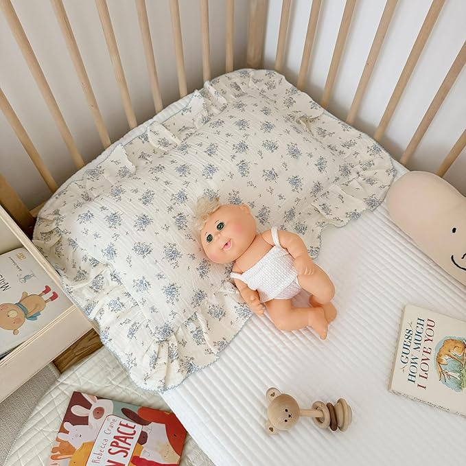 BuLuTu Cotton Muslin Toddler Pillowcases with Blue Flowers Print Soft Breathable Gauze Small Pillow Case for Toddler Boys Girls Nursery Decor, Shower Gift, 14"x20", 1 pc