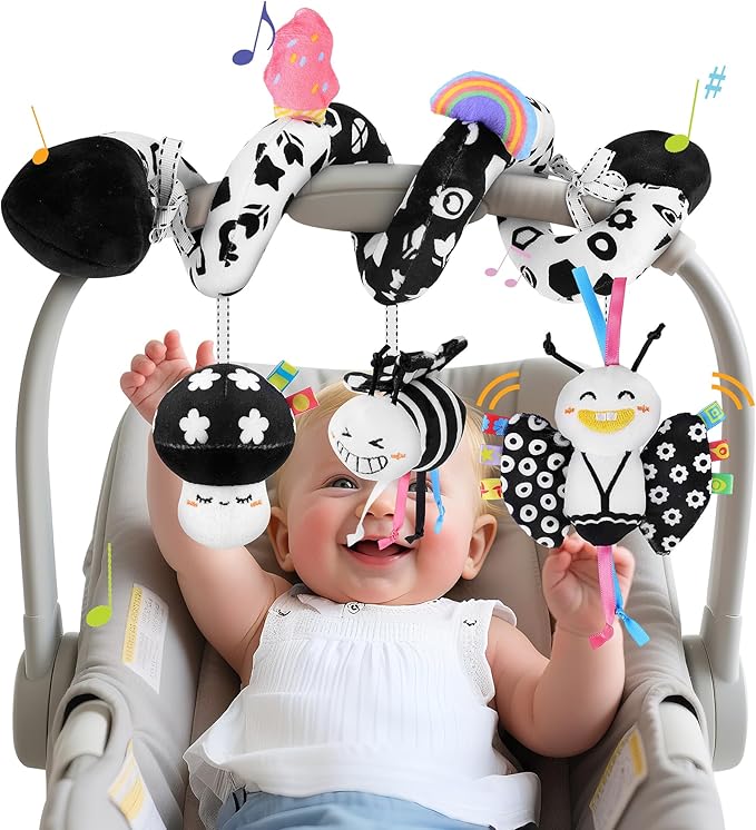 Spiral Car Seat Toys for Babies, 0-6 Months Stroller Pram Activity Hanging Toys High Contrast Black and White Sensory Toy, Newborn Soft Plush Travel Toy for Newborn Boys Girls Gift