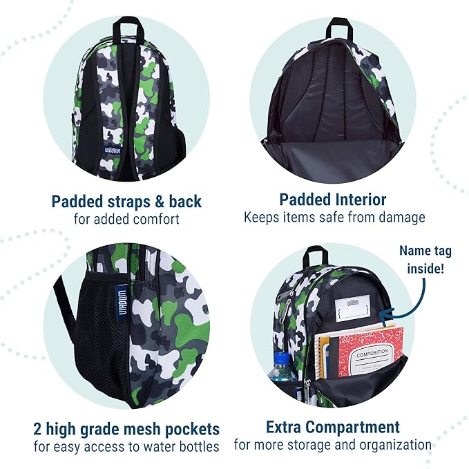 Wildkin 15-inch Kids Backpack – Durable, Padded, Adjustable for School & Travel - Green Camo