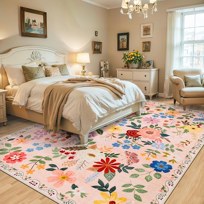 8x10 Area Rugs for Living Room: Floral Washable Rug Vintage Large Soft Boho Non-Slip Carpet Indoor Floor Stain Resistant Carpets for Bedroom Dining Room Farmhouse Nursery Home Office Beige
