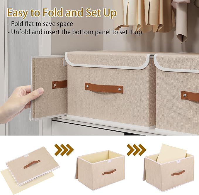 Yawinhe Collapsible Storage Boxes, Linen Fabric Baskets, Bin with lid and Leather Handle, Washable, for Home, Closet, Beige, 17.7''Lx11.8''Wx11.8''H, 3-Pack, USNK024BEX-3