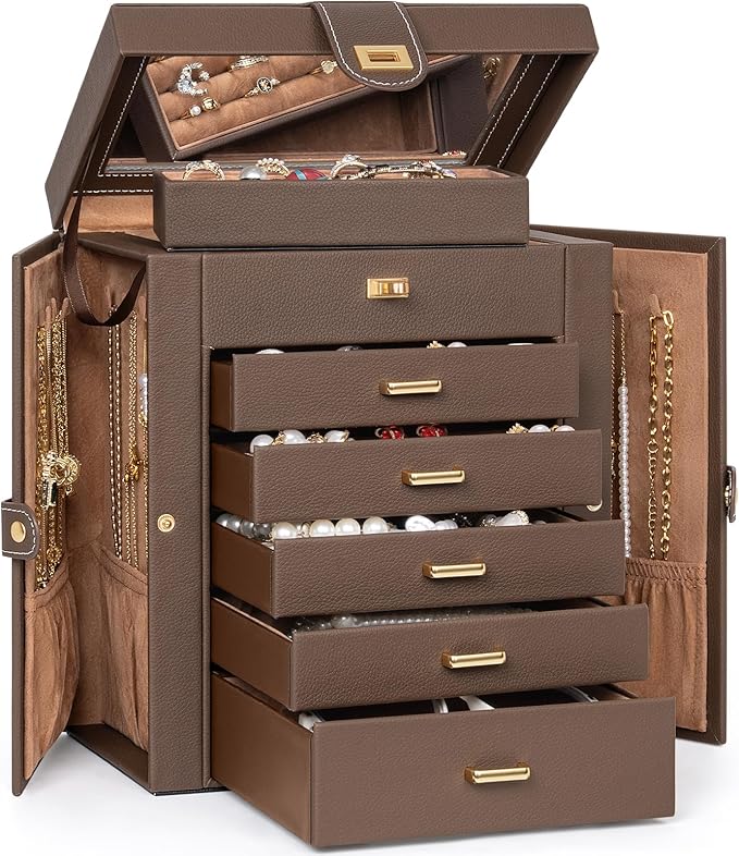 AKOZLIN 6-Tier Jewelry Box Organizer Functional 5 Drawers Leather Jewelry Storage Case for Women Girls Ring Necklace Earring Bracelet Holder Organizer with Mirror Brown