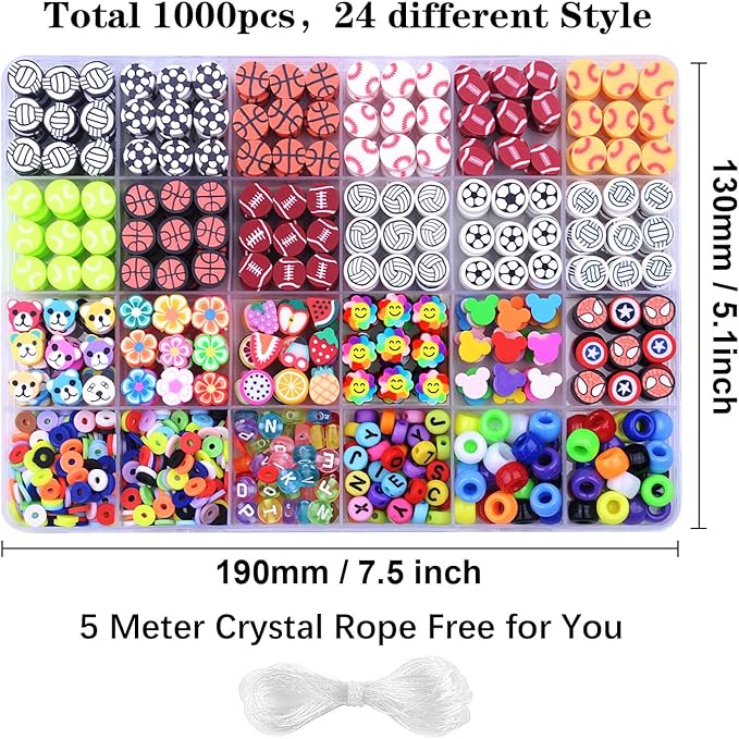 1000PCS Sports Polymer Clay Beads Bracelet Making kit, 24 Style Cute Fun Ball Beads Baseball Basketball Soccer Rugby Volleyball Football Charms, DIY Bracelet Making kit
