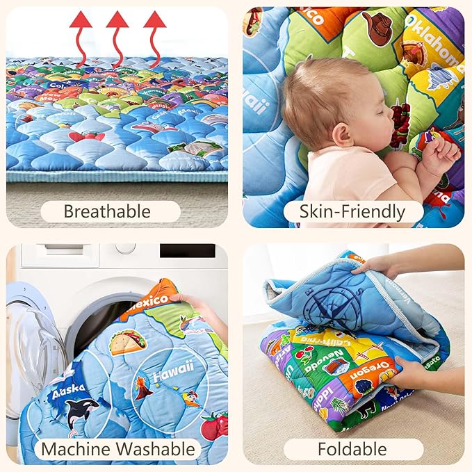 Baby Play Mats for Floor, 71”x59” Upgraded Thickness & Larger Super Soft Playmat for Babies and Toddlers, Foldable Washable, Upgrade Anti-Slip Crawling Mat for Playpen(Map)