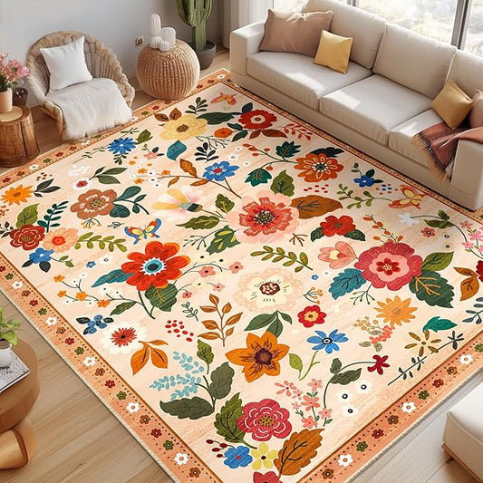 Floral 8x10 Area Rug Machine Washable Soft Print Boho Carpet Non Slip Doormat Low Pile Flower Area Rugs for Living Room Bedroom Nursery Kitchen Dining Room Indoor-Light Orange