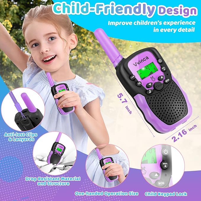 Vvinca Walkie Talkies for Kids, Rechargeable Walkie Talkie 2 Pack Toy Gift for 3-12 Year Old Girl Boy with 22 Channel 2 Way Radio Flashlight 3 Mile Long Range for Adventure Game Camping Outdoor