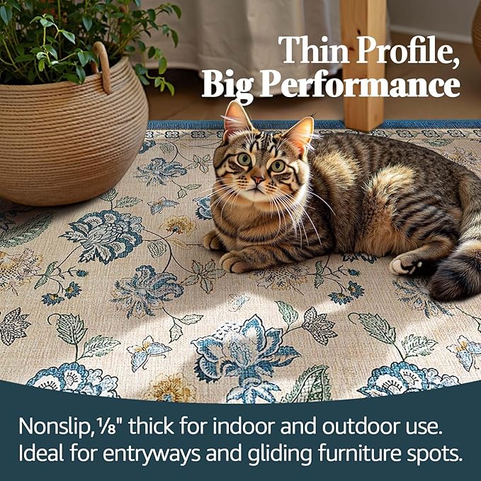 jinchan 2x5 Floral Runner Rug for Hallway Washable Kitchen Runner Vintage Romance Design Non Slip Thin Indoor Floor Cover Low-Profile Throw Carpet for Entryway Bathroom Bedroom Porch, Blue/Beige